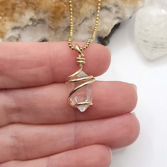 Herkimer Diamond Quartz Necklace in Gold - Crystal for Amplification