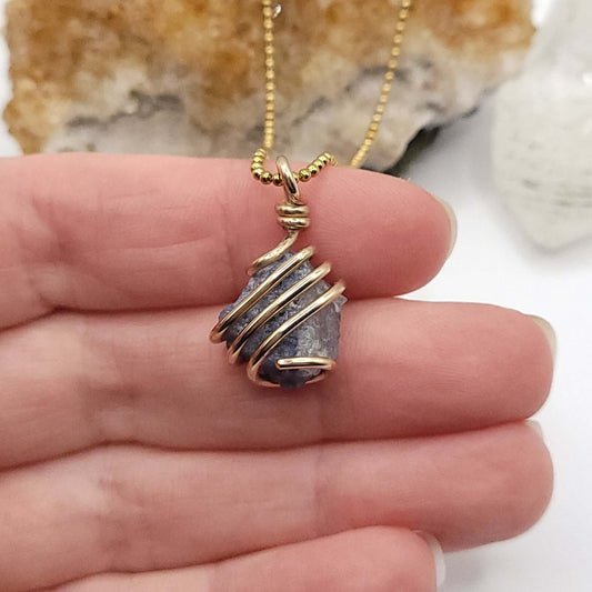 Raw Dumortierite Necklace in Gold - Crystal for Calm & Clarity