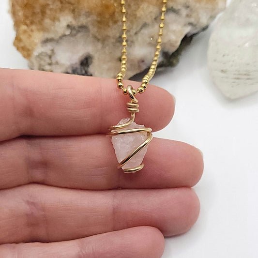 Raw Rose Quartz Necklace in Gold - Crystal for Love & Compassion