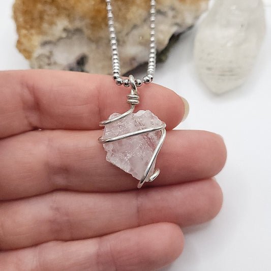 Raw Rose Quartz Necklace in Silver - Love & Emotional Healing